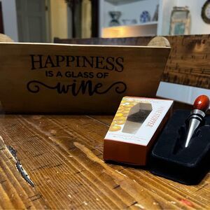 Wooden basket and wine stopper - Basket is 13" long by 5" tall